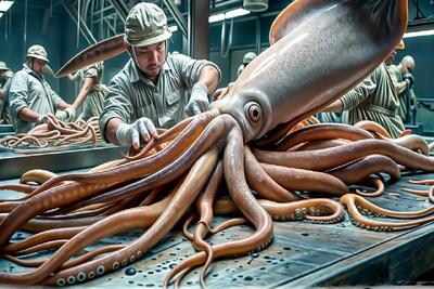 فرآوری ماهی مرکب؛ ماهی مرکب از بند رخت آویزون میکنن خشکه که شد کنسروش میکنن