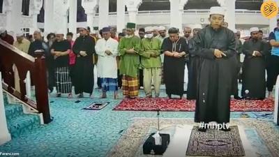 (ویدئو) ویدیویی عجیب از حمله با کفش به امام جماعت ایستاده در نماز
