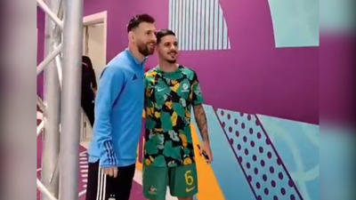 حضور بازیکنان استرالیا در رختکن برای عکس یادگاری با مسی