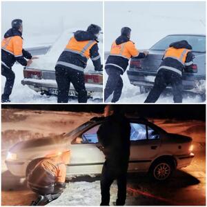 امدادرسانی نیروهای راهداری شهرستان بیجار به ۳۵۸ خودرو گرفتار در برف 