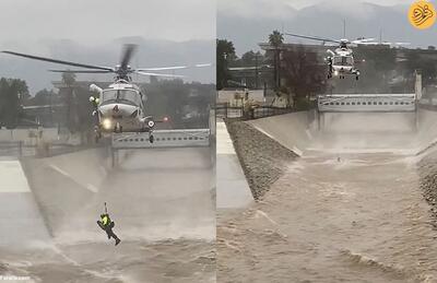 (ویدئو) نجات مرد گرفتار در رودخانه طغیان کرده لس‌آنجلس با هلی‌کوپتر