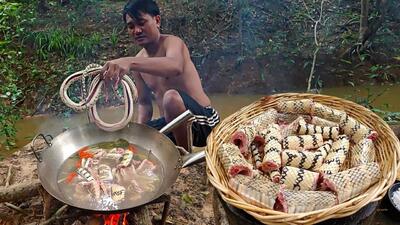 (ویدئو) نحوه پخت یک غذای عجیب با یک مار سمی توسط یک جوان روستایی ویتنامی