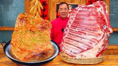 طرز پخت 8 کیلو دنده گاو به روشی متفاوت توسط آشپز چینی (فیلم)