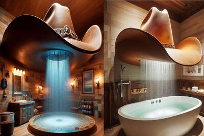 طراحی و چیدمان خلاقانه حمام با دوش طرح کلاه کابوی/ سبک وسترن را به حمام خود ببرید