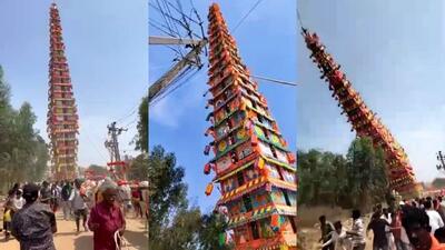 ببینید | لحظه دلهره‌آور سقوط «ارابه معبد» ۳۰ متری بر روی سر مردم در هند