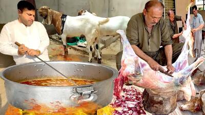 (ویدئو) غذای روستایی در پاکستان؛ پخت 65 کیلوگرم پلوگوشت محلی