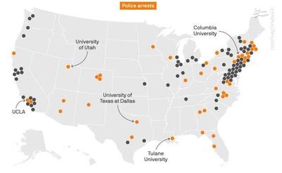 نقشه اعتراضات دانشجویی در آمریکا