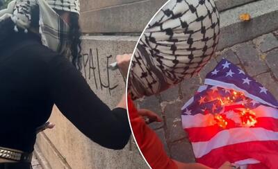 (ویدئو) معترضان ضداسرائیلی در نیویورک پرچم آمریکا را آتش زدند