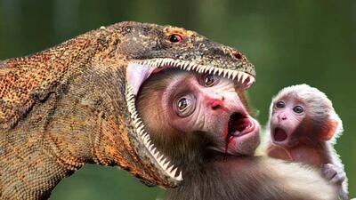 از جذابیت های حیات وحش؛ اژدهای کومودو سفاک کله میمون زنده رو کرد دهنش پوکوند