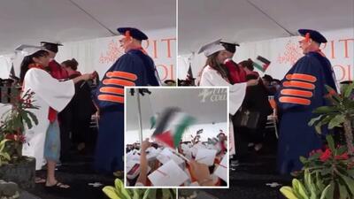 اهدای پرچم فلسطین به رئیس دانشگاه/پویش اعتراضی دانشجویان آمریکایی