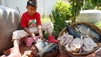 (ویدئو) فرآیند طبخ یک غذای روستایی با ماهی و مرغ توسط مادر و پسر سنگاپوری
