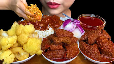 (ویدئو) غذا خوردن با صدا به سبک دختر مشهور تایلندی؛ 1.35 کیلو چلو سیرابی