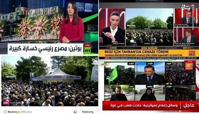 فیلم/ پوشش شبکه‌های خارجی از مراسم تشییع شهید جمهور و همراهانش