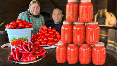 (ویدئو) فرآیند تهیه رب گوجه فلفلی محلی به روش زوج روستایی مشهور داغستانی