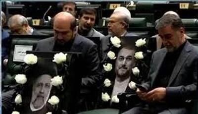 قاب‌های تلخ از تصویر شهیدان رئیسی و امیرعبداللهیان روی صندلی‌های مجلس (فیلم)