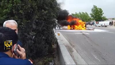 مرگ دلخراش سرنشین خودروی سواری میان شعله‌های آتش در ساری + فیلم