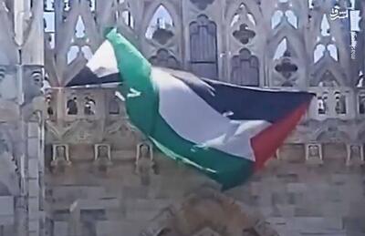 فیلم/ پرچم فلسطین بر دیوار کلیسای جامع میلان