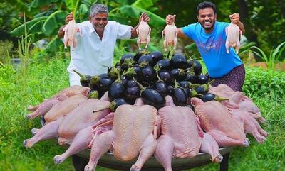 طرز تهیه مرغ و بادمجان یک غذای خوشمزه و سنتی توسط آشپز هندی (فیلم)
