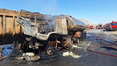 آتش‌سوزی و جان‌باختگی در کمربند سبز مشهد! برخورد خودروی حمل قیر با حمل کود حیوانی