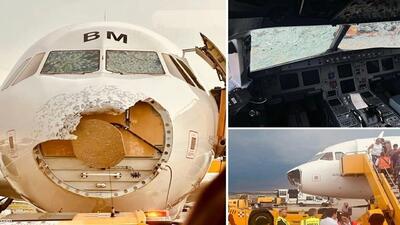 اتفاقی عجیب در آسمان برای یک هواپیما | تصاویری از شیشه های شکسته کابین خلبان | دماغه هواپیمای مسافربری پاره شد! + ویدئو