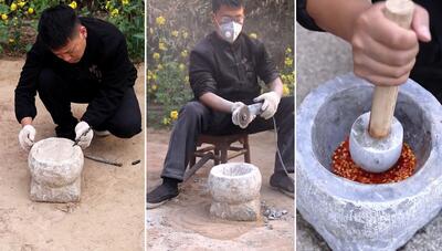 هنر تبدیل ضایعات به گنج: ساخت هاون سنگی از سنگ کنار جاده! (فیلم)