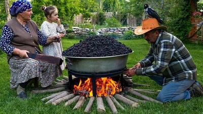 فرآیند دیدنی برداشت و تهیه شربت و مربا از توت سیاه در آذربایجان (فیلم)