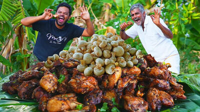 (ویدئو) پخت مرغ و قارچ سوخاری به روش پدر و پسر روستایی هندی