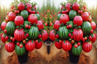 کشاورزی نوین؛ هندوانه رو با سیب پیوند میزنن توش سبز میشه پوستش قرمز جثه اش هم درشت