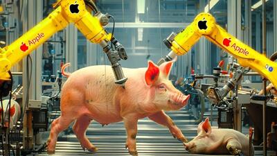 فرآوری خوک؛ خوک صورتی رو بستن به ربات و از پشت برش می زنن و ورق کالباسش میکنن