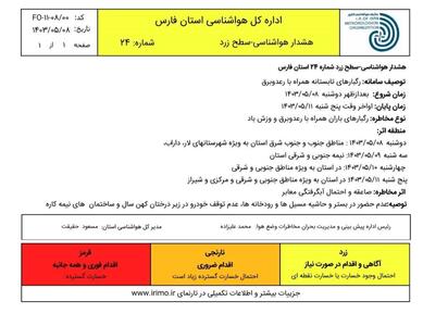 هشدار زرد هواشناسی برای فارس