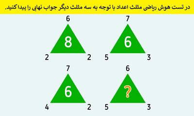 در تست هوش ریاضی مثلث اعداد با توجه به سه مثلث دیگر جواب نهایی را پیدا کنید