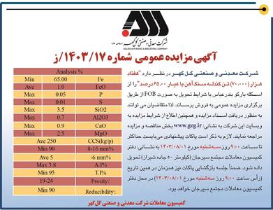 مزایده عمومی فروش هفتاد هزار تن گندله سنگ آهن شرکت گل گهر