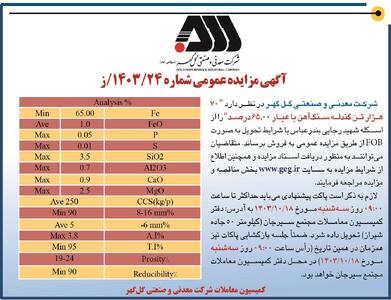 مزایده عمومی فروش ۷۰ هزار تن گندله سنگ آهن شرکت معدنی و صنعتی گل گهر