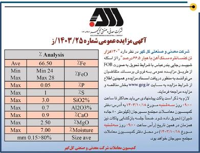 مزایده عمومی فروش ۱۴۰ هزار تن کنسانتره سنگ آهن شرکت معدنی و صنعتی گل گهر