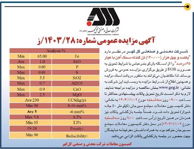 مزایده عمومی فروش یکصد و چهل هزار تن گندله سنگ آهن شرکت معدنی و صنعتی گل گهر