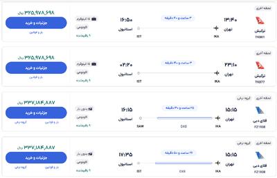 قیمت بلیط هواپیما تهران-استانبول، امروز ۲۳ دی ۱۴۰۳