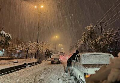 آغاز بارش شبانه برف در جاده چالوس | شدت بارش را ببینید