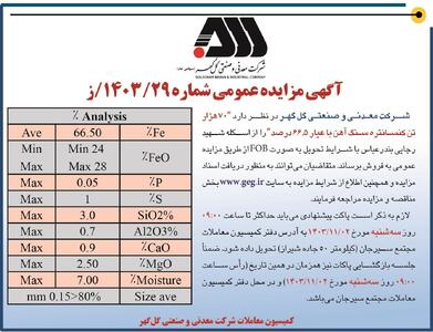 مزایده عمومی فروش هفتاد هزار تن کنسانتره سنگ آهن شرکت معدنی و صنعتی گل گهر