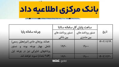 ساعت کاری سامانه‌های ساتنا و پایا در دو روز پایانی سال۱۴۰۳ + اطلاعیه بانک مرکزی