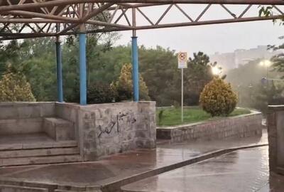بارش شدید باران به همراه وزش باد در تبریز