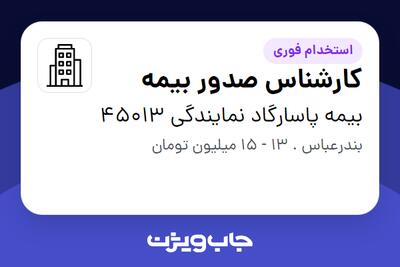 استخدام کارشناس صدور بیمه در بیمه پاسارگاد نمایندگی 45013