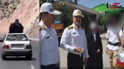 ببینید/ اقدام عجیب و خطرناک زن چادری ؛ نشستن روی سقف پراید در جاده | 21 اردیبهشت 1404