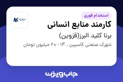 استخدام کارمند منابع انسانی - خانم در برنا کلید البرز(قزوین)
