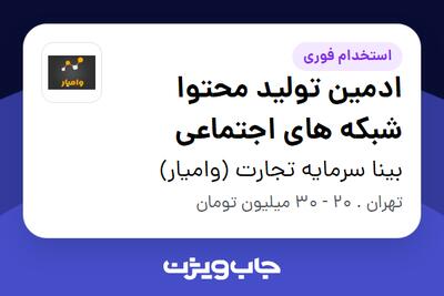 استخدام ادمین تولید محتوا شبکه های اجتماعی در بینا سرمایه تجارت (وامیار)