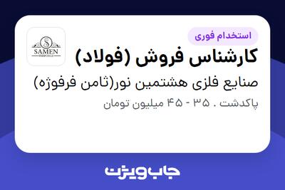 استخدام کارشناس فروش (فولاد) - خانم در صنایع فلزی هشتمین نور(ثامن فرفوژه)