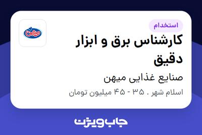 استخدام کارشناس برق و ابزار دقیق - آقا در صنایع غذایی میهن