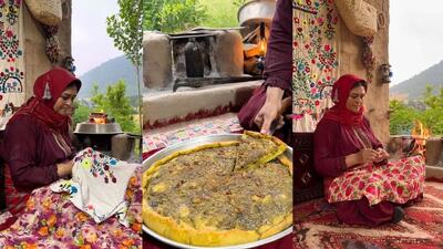 طرز تهیه نان محلی با آرد، سیر، کره و بادمجان کبابی (فیلم)