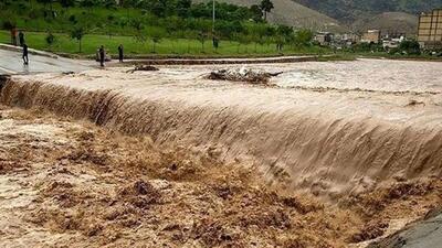 لحظه سقوط هولناک پیک موتوری مشهدی در سیل