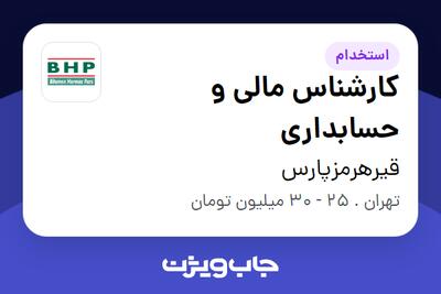 استخدام کارشناس مالی و حسابداری در قیرهرمزپارس