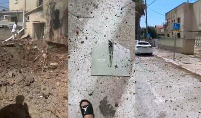 گودال ایجاد شده در اثر برخورد پهپاد ایرانی در شمال فلسطین اشغالی (فیلم)